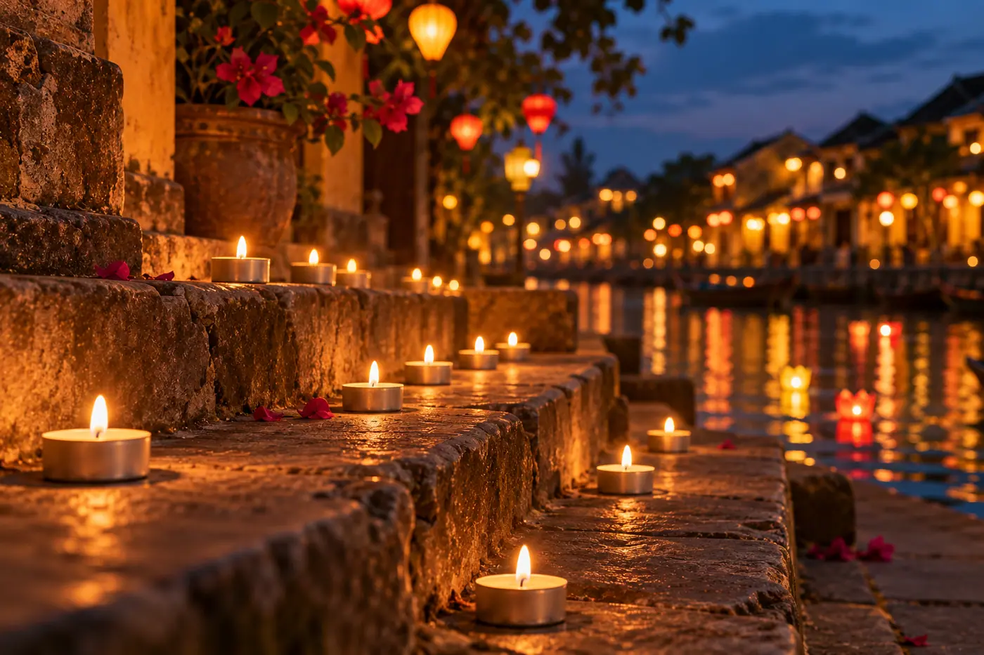 Hàng nến tealight cháy dọc bậc đá bên sông Hội An