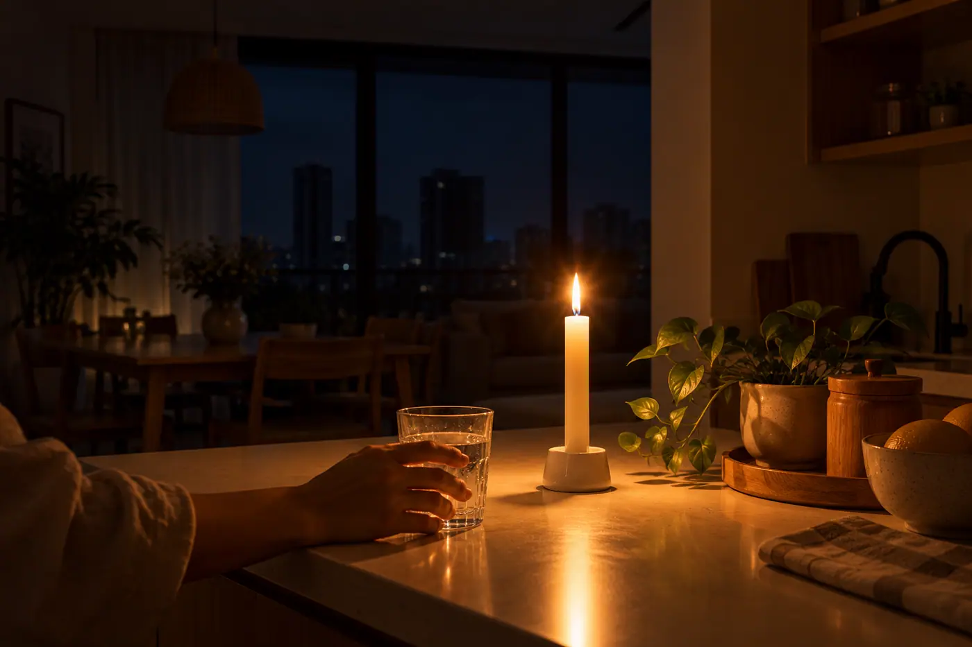 Cây nến trắng thắp sáng gian bếp khi căn hộ mất điện