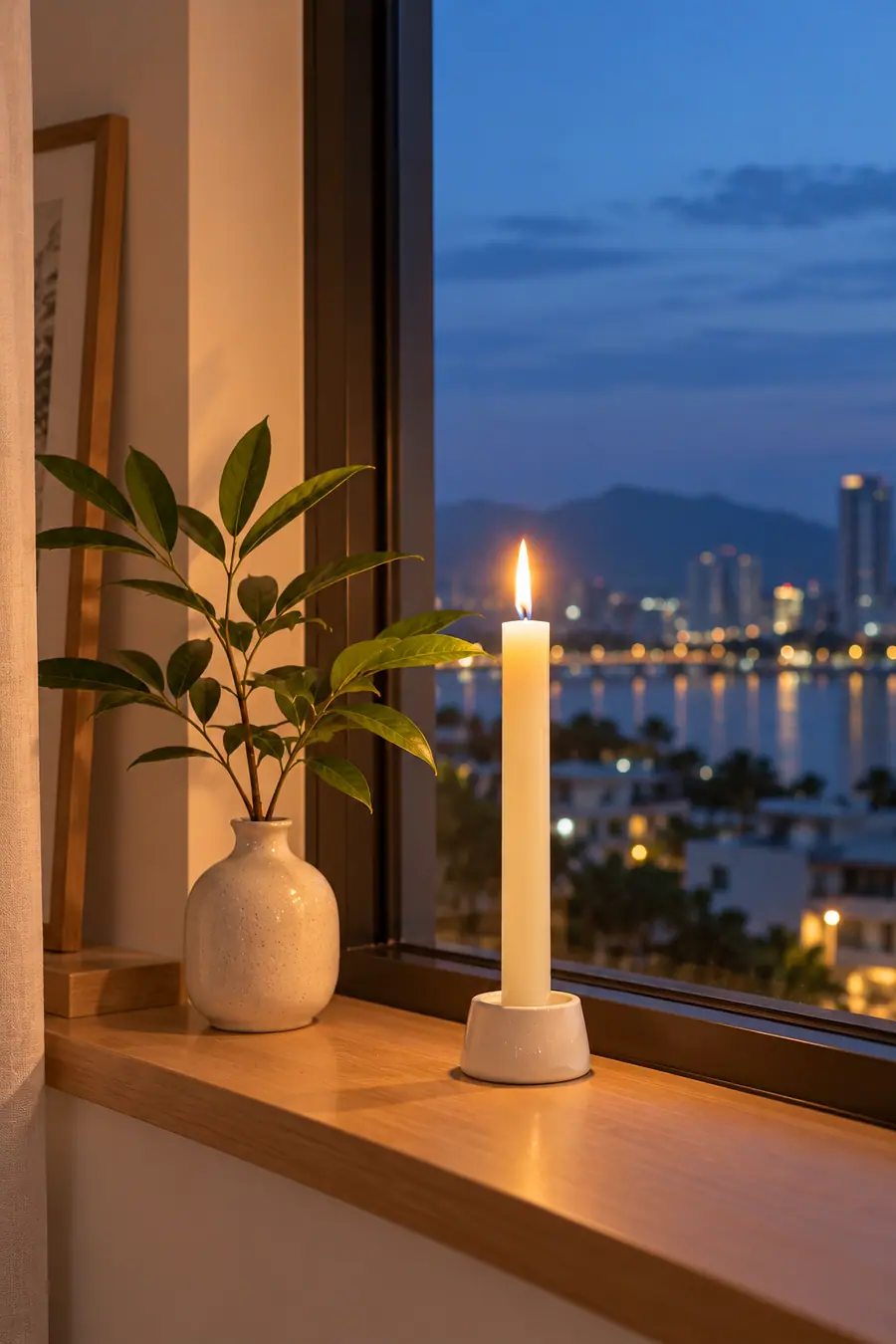 Cây nến trắng trơn cháy bên khung cửa sổ lúc chạng vạng