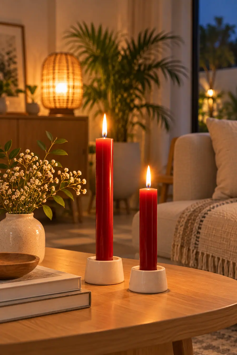 Hai cây nến đỏ trơn cháy trên bàn trà trong phòng khách buổi tối