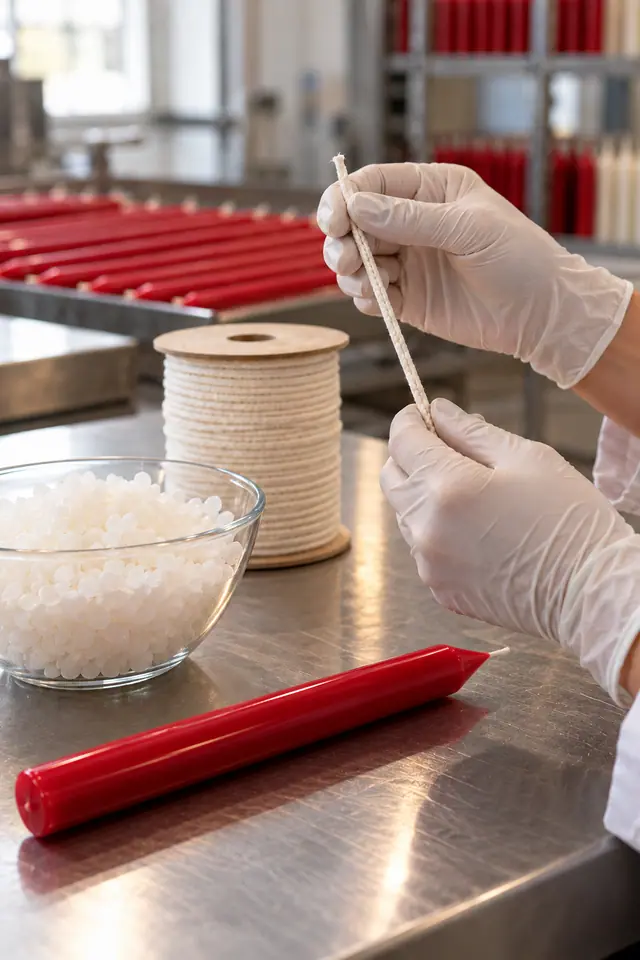 Tay đeo găng kiểm tra sợi tim cotton bên bát sáp hạt và cây nến đỏ